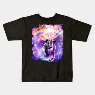 Laser Galaxy Space Cat On Rainbow Llama Unicorn Kids T-Shirt